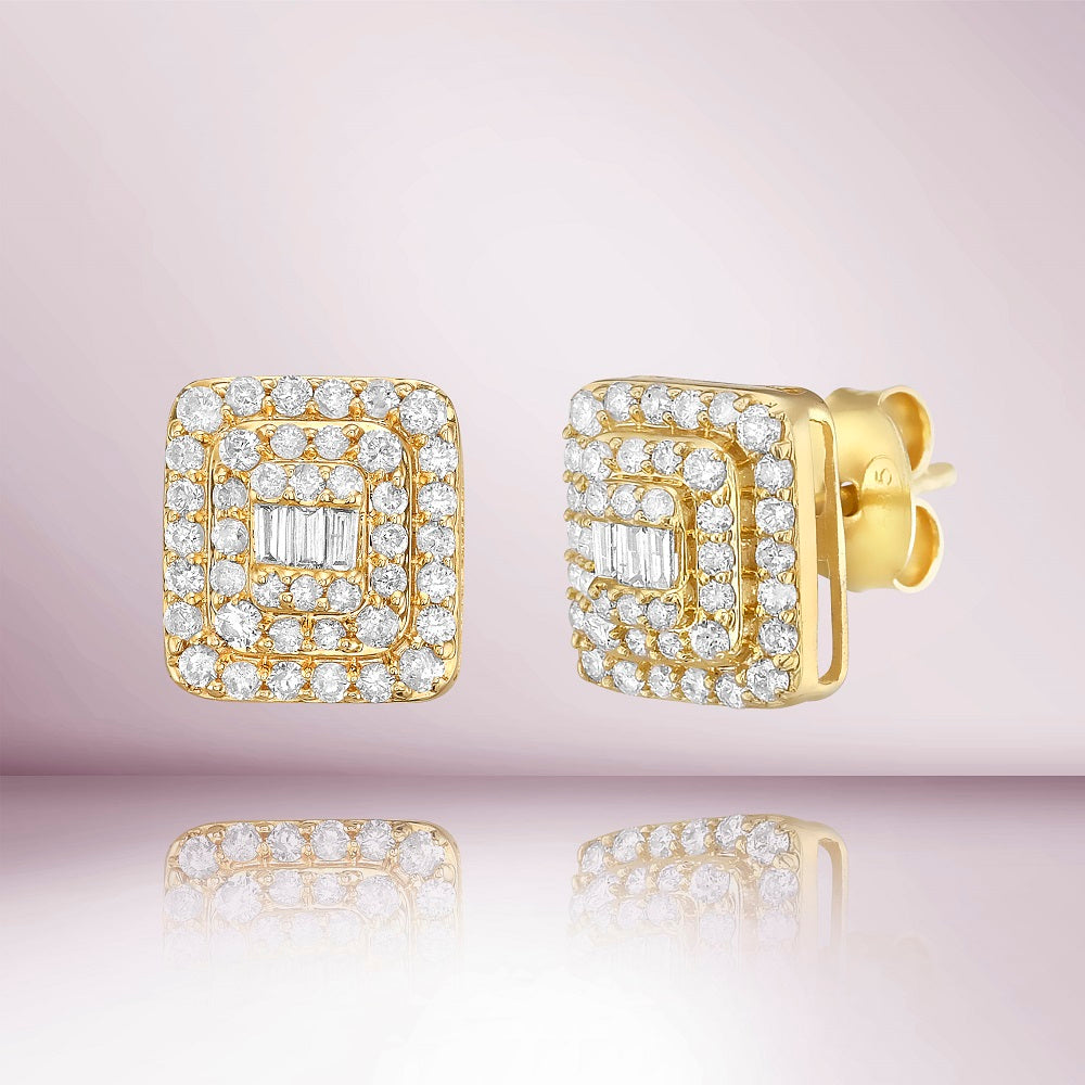 Diamond Double Halo Square Shape Studs Earrings (0.75 ct.) in 14K Gold