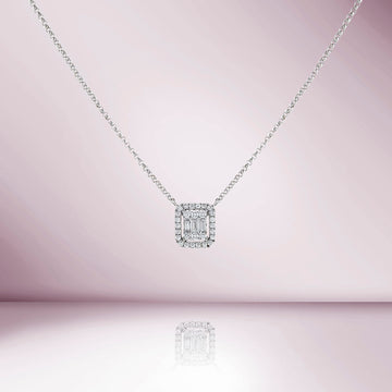Double Halo Baguette Diamond Rectangular Shape Necklace (0.28 ct.) in 14K Gold