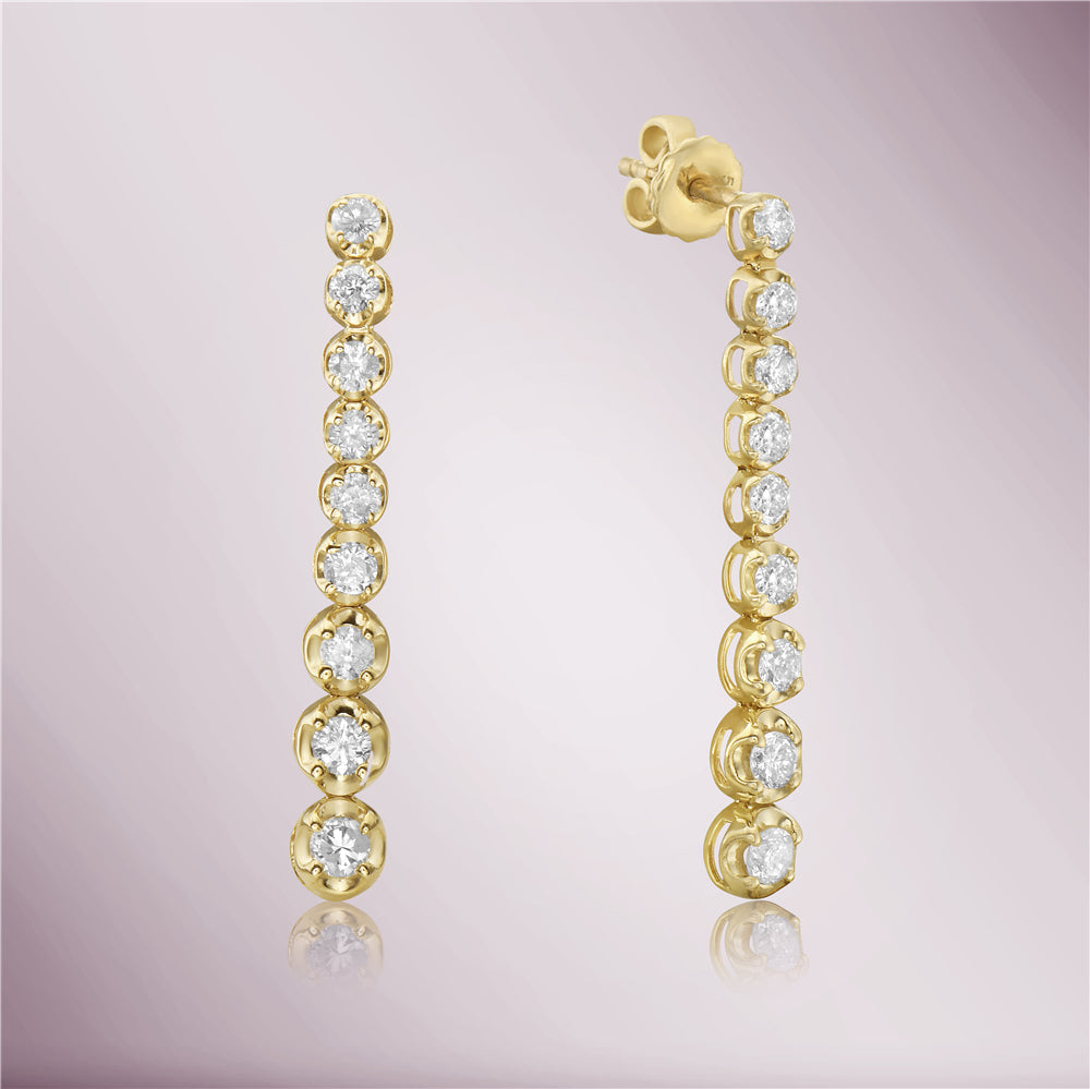Graduated Diamond In Line 1" Long Tennis Earrings (0.95 ct.) Buttercup Setting in 14K Gold