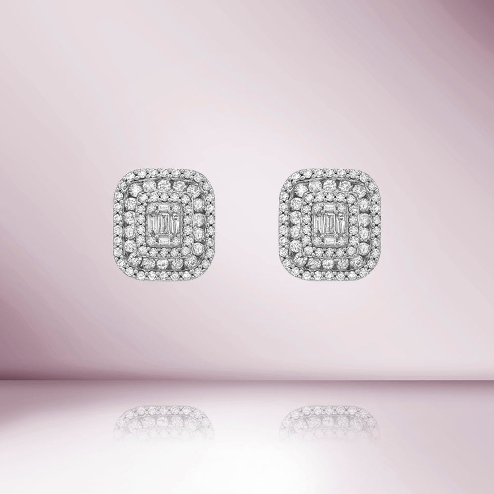 Triple Halo Diamond Rectangular Shape Studs Earrings (2.00 ct.) in 14K Gold