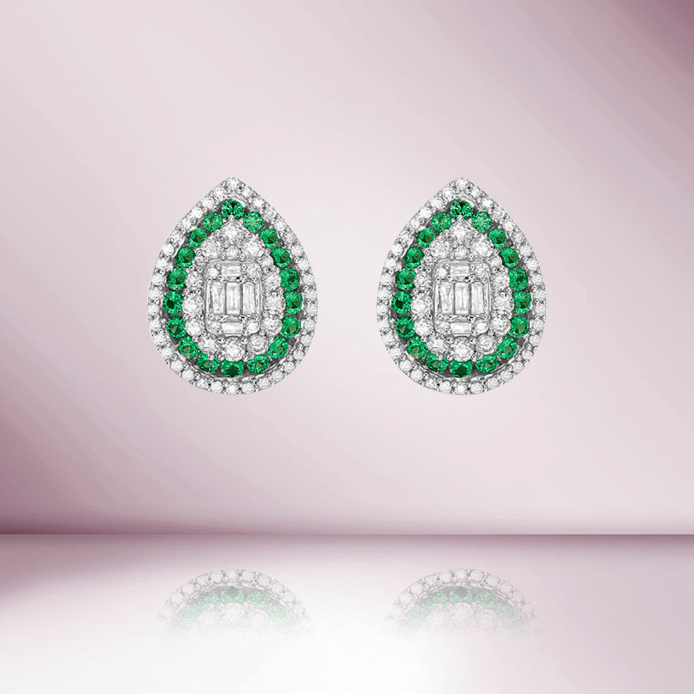 Triple Halo Diamonds & Emeralds Pear Shape Studs Earrings (1.00 ct.)  in 14K Gold