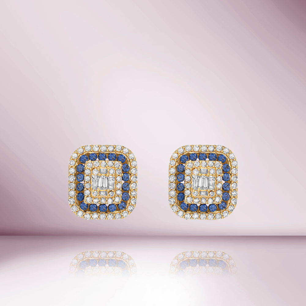 Triple Halo Diamonds & Sapphires Rectangular Shape Studs Earrings (1.00 ct.) in 14K Gold