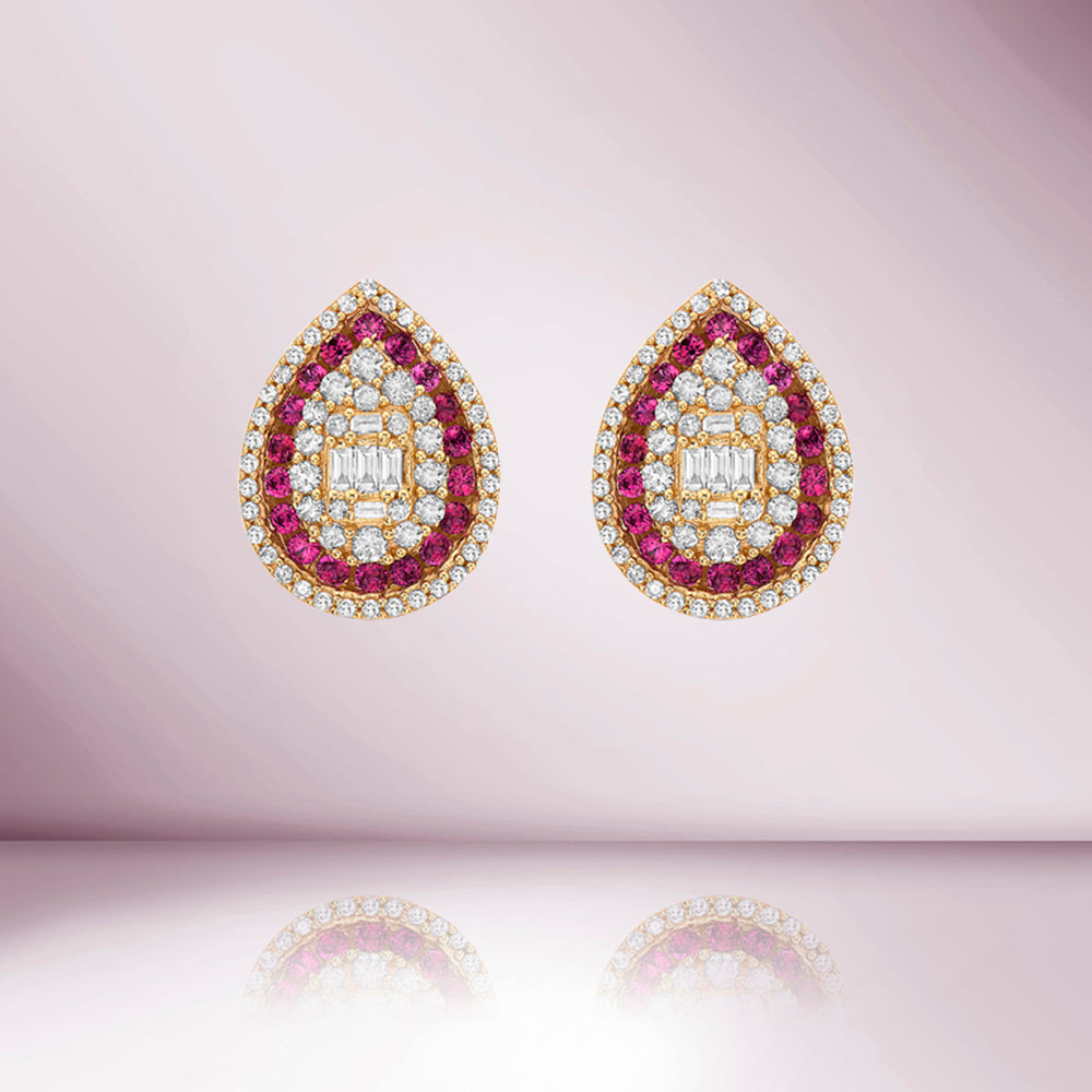 Triple Halo Diamonds & Rubies Pear Shape Studs Earring (1.45 ct.) in 14K Gold