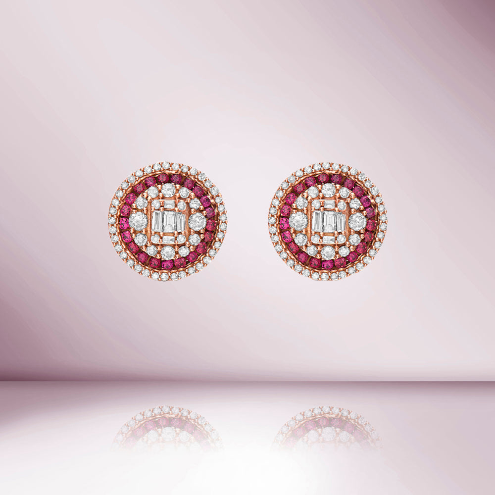 Triple Halo Diamonds & Rubies Round Shape Studs Earrings (1.20 ct.) in 14K Gold