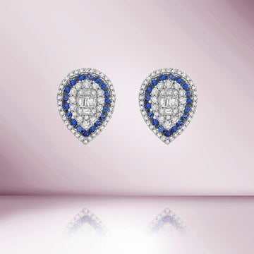 Triple Halo Diamond & Sapphires Pear Shape Studs Earrings (1.00 ct.) 14K Gold