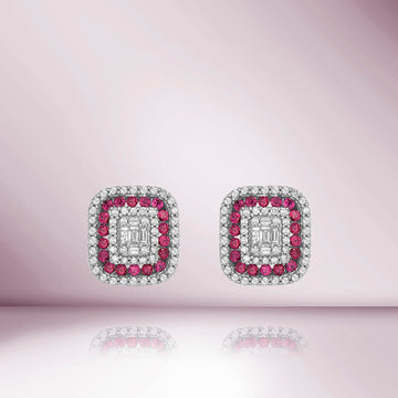 Triple Halo Diamonds & Rubies Rectangular Shape Studs Earrings (1.00 ct.) in 14K Gold