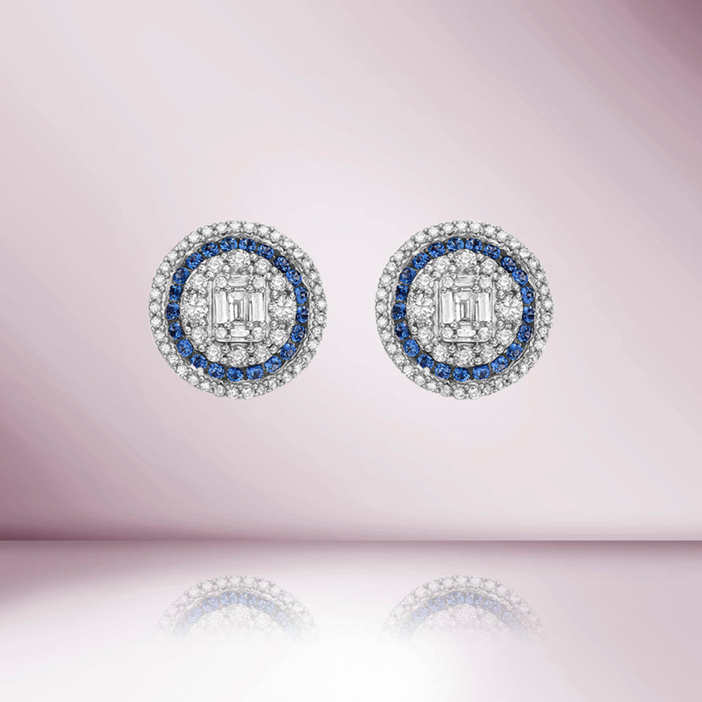 Triple Halo Diamonds & Blue Sapphires Round Shape Studs Earrings (1.00 ct.) in 14K Gold