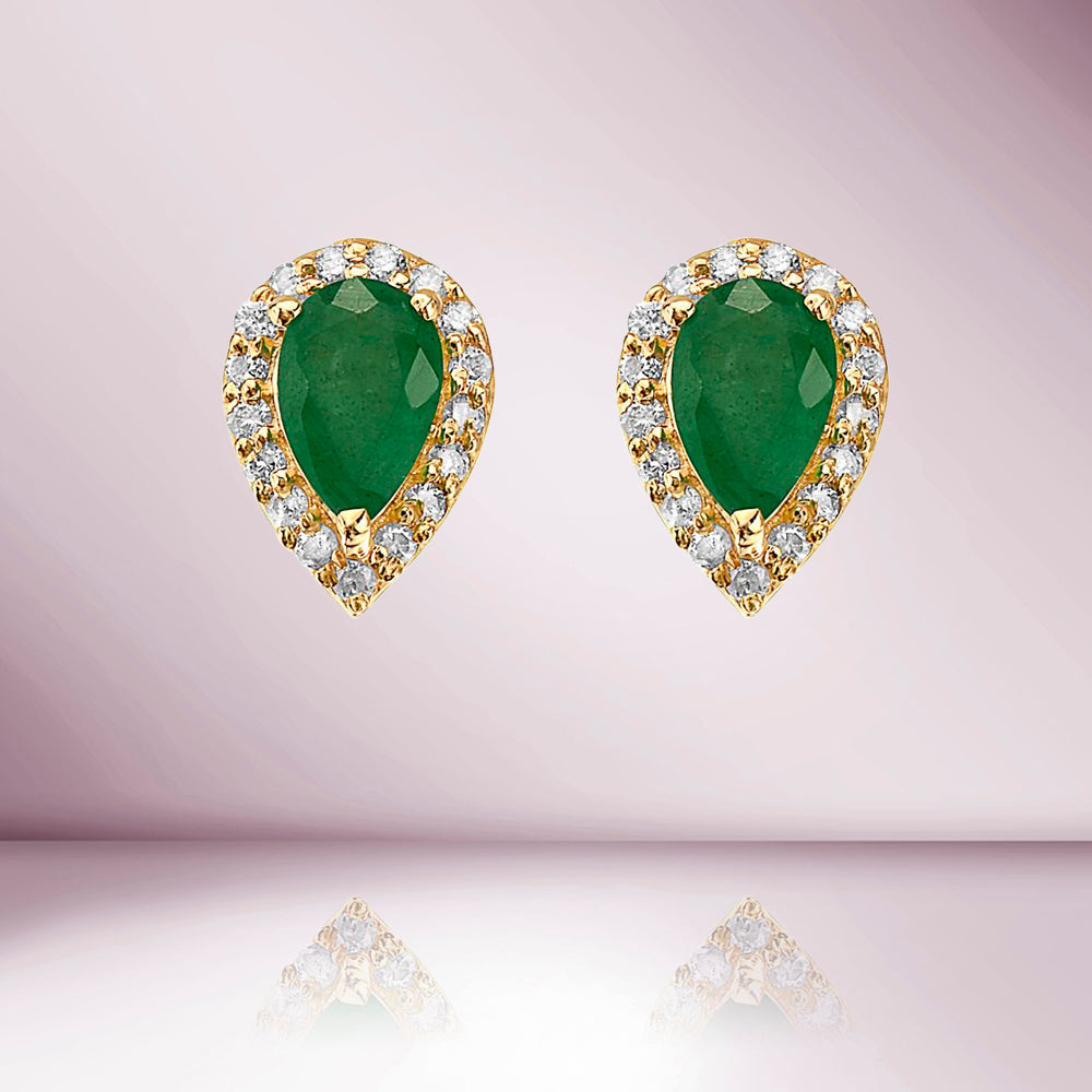 Emerald Pear Shape Halo Diamonds Studs Earrings (1.00 ct.) in 14K Gold