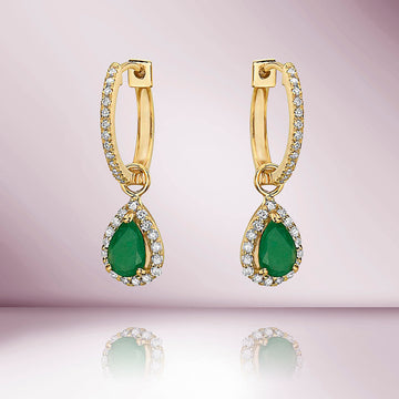 Diamond Hoop & Dangle Emerald Pear Shape With Diamond Halo Earrings (1.06 ct.) in 14K Gold