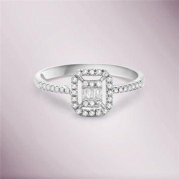 Round & Baguette Cut Diamond Halo Illusion Solitaire Engagement Ring (0.25 ct.) in 14K Gold