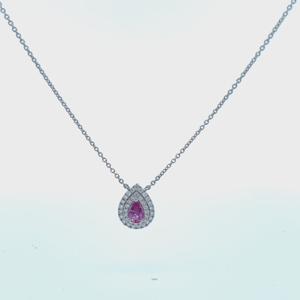 Pear Shape Pink Sapphire With Diamond Halo Necklace (0.73 ct.) in 18K Gold