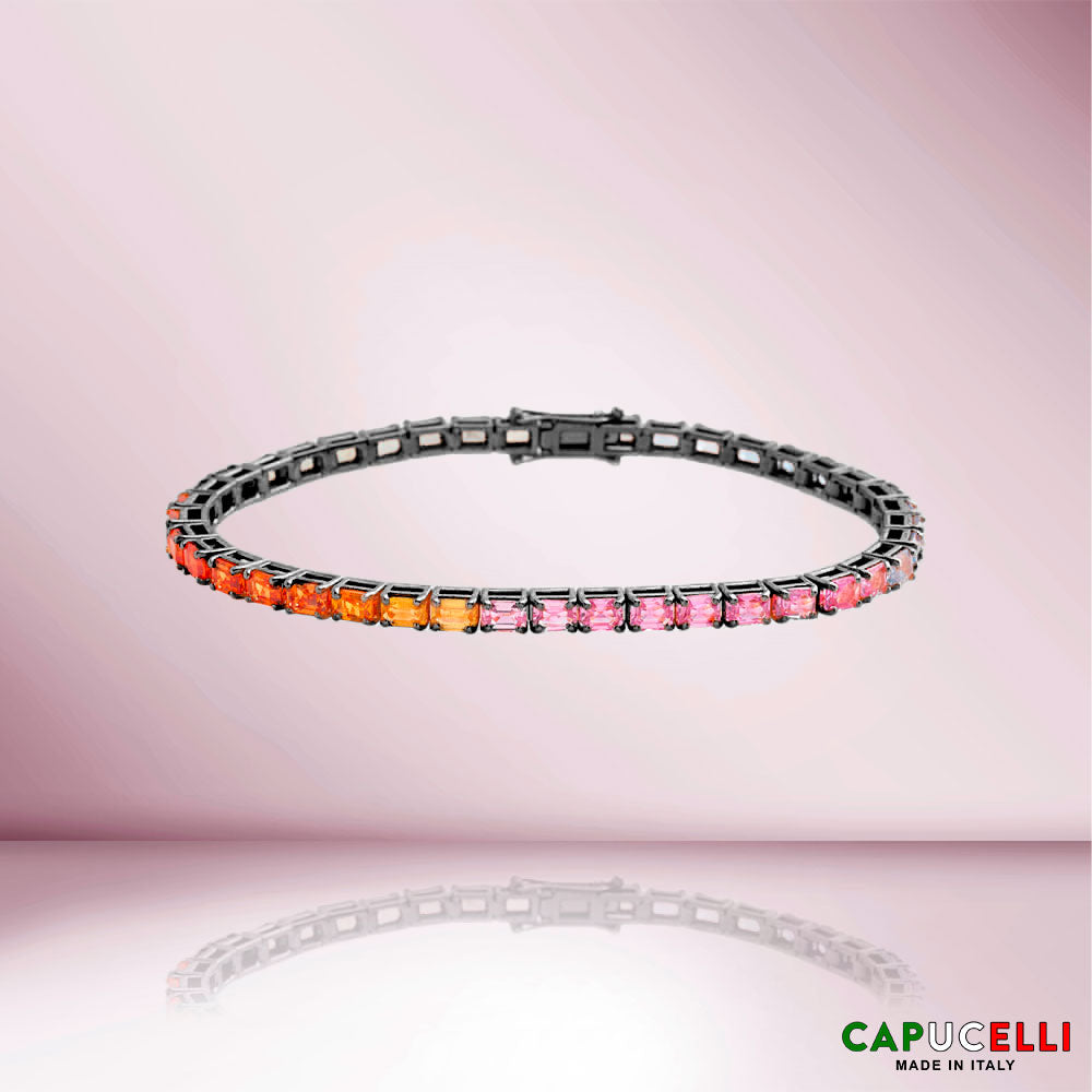 Emerald Cut Multicolor Sapphire Tennis Bracelet (12.00 ct.) 4-Prongs Setting in 18K Gold, Made In Italy