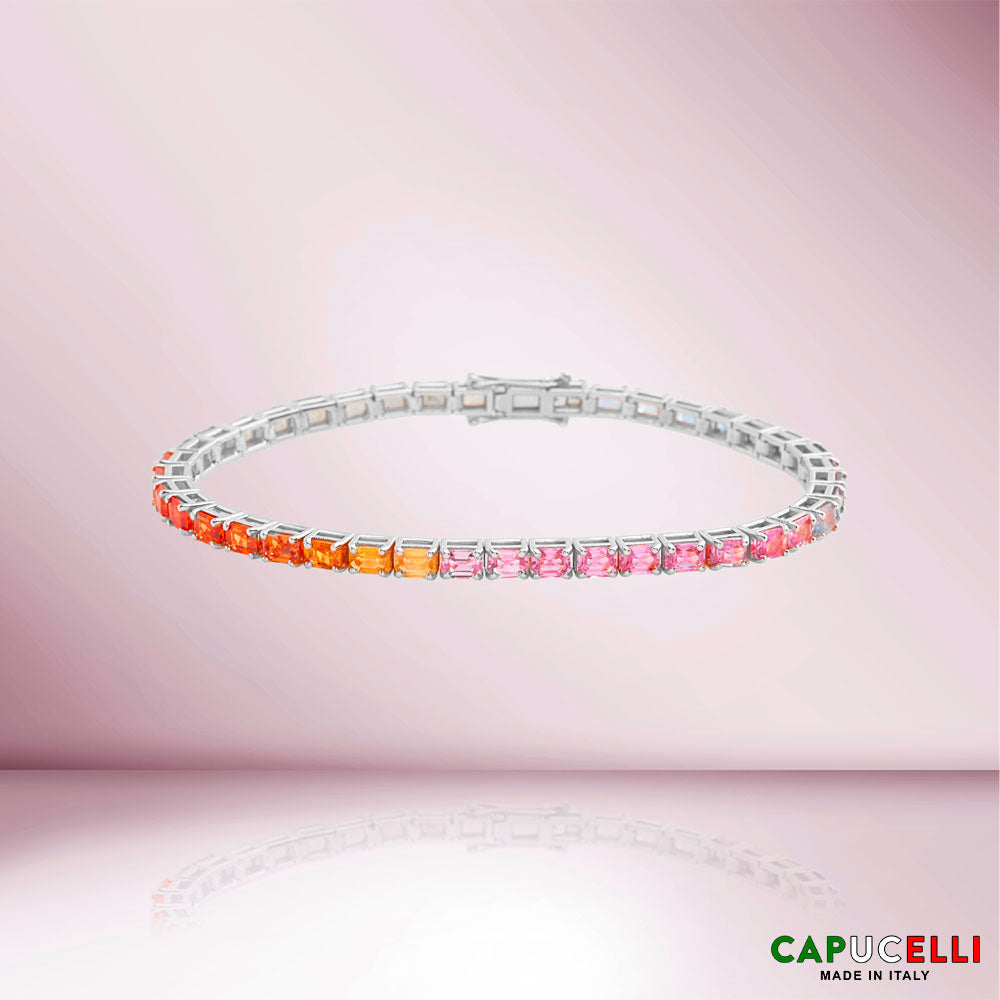 Emerald Cut Multicolor Sapphire Tennis Bracelet (12.00 ct.) 4-Prongs Setting in 18K Gold, Made In Italy