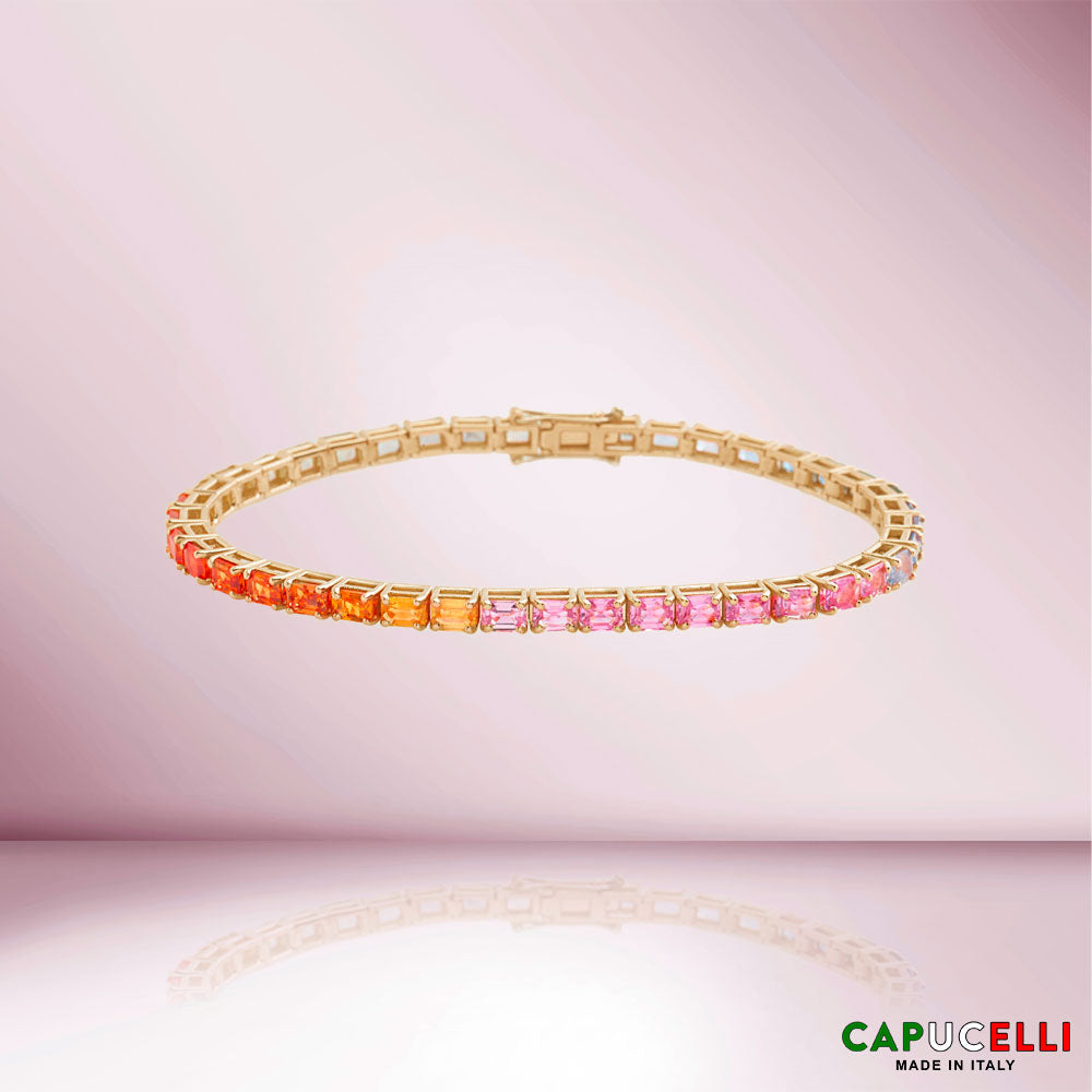 Emerald Cut Multicolor Sapphire Tennis Bracelet (12.00 ct.) 4-Prongs Setting in 18K Gold, Made In Italy