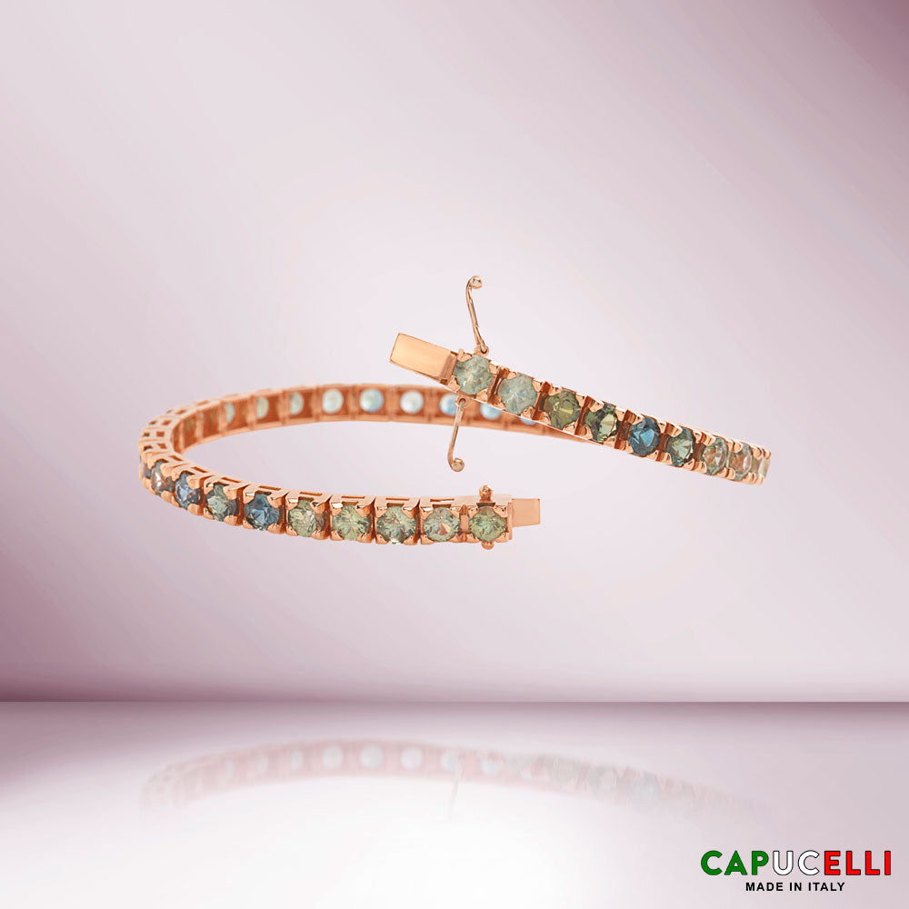 Green Shaded Sapphire Tennis Bracelet (14.00 ct.) 4-Prongs Setting in 18K Gold, Made In Italy