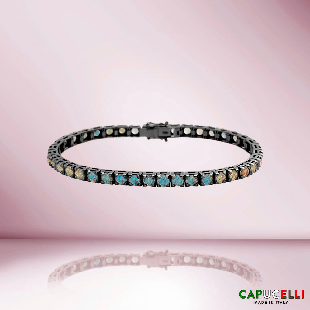 Green Shaded Sapphire Tennis Bracelet (14.00 ct.) 4-Prongs Setting in 18K Gold, Made In Italy