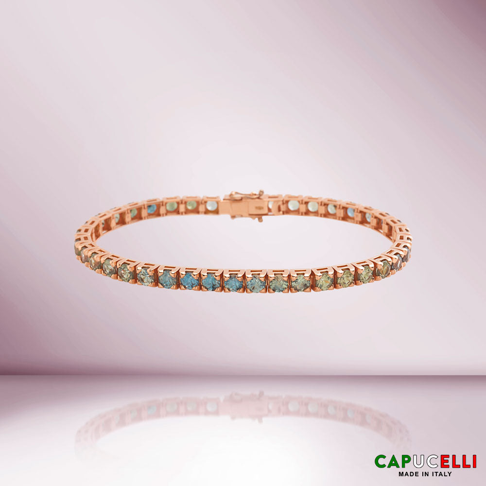 Green Shaded Sapphire Tennis Bracelet (14.00 ct.) 4-Prongs Setting in 18K Gold, Made In Italy