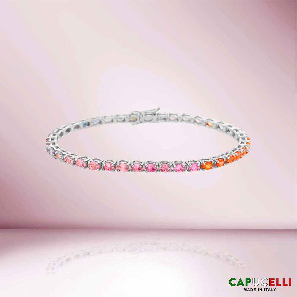 Multicolor Oval Shape Sapphire Tennis Bracelet (10.00 ct.) 4-Prongs Setting in 18K Gold, Made In Italy