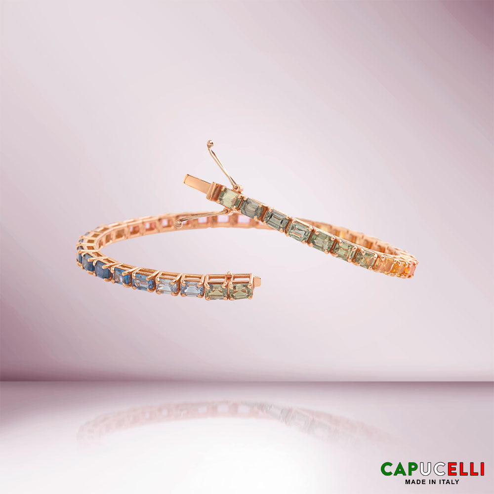 Emerald Cut Multicolor Sapphire Tennis Bracelet (12.00 ct.) 4-Prongs Setting in 18K Gold, Made In Italy