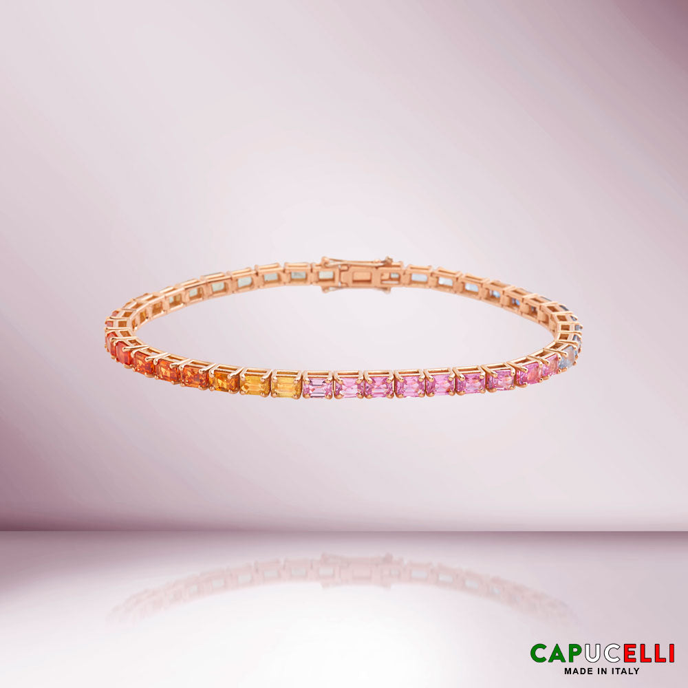 Emerald Cut Multicolor Sapphire Tennis Bracelet (12.00 ct.) 4-Prongs Setting in 18K Gold, Made In Italy