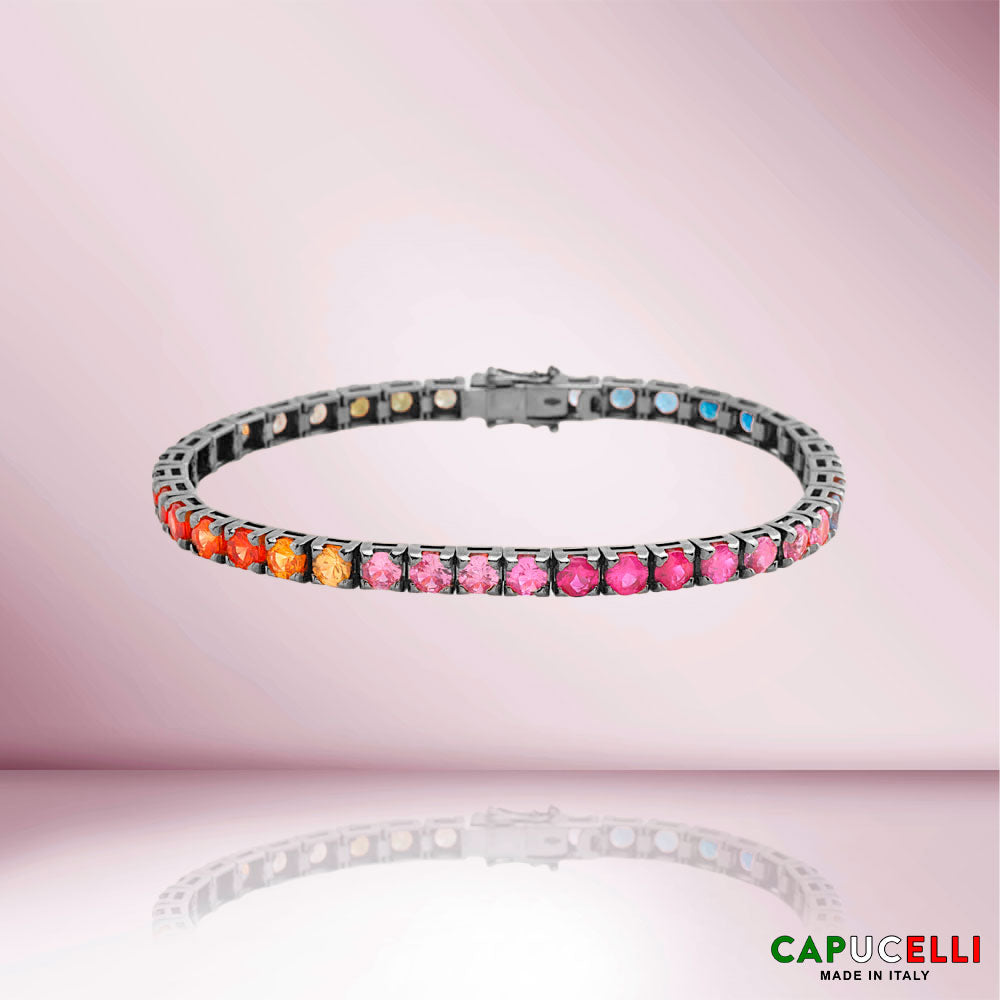 Multicolor Sapphire Tennis Bracelet (14.00 ct.) 4-Prong Setting in 18K Gold, Made In Italy