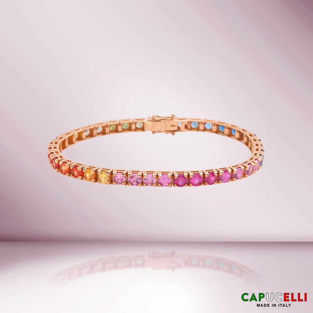 Multicolor Sapphire Tennis Bracelet (14.00 ct.) 4-Prong Setting in 18K Gold, Made In Italy