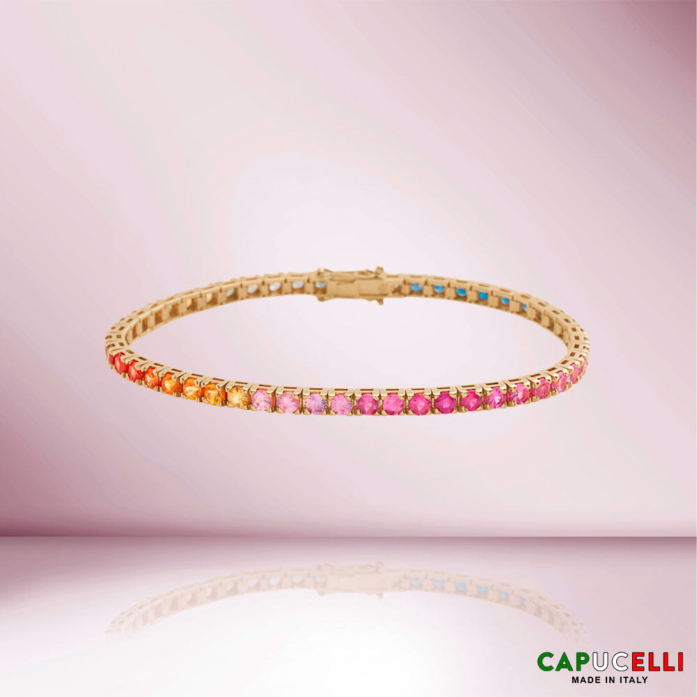 Multicolor Sapphire Tennis Bracelet (8.50 ct.) 4-Prongs Setting in 18K Gold, Made In Italy