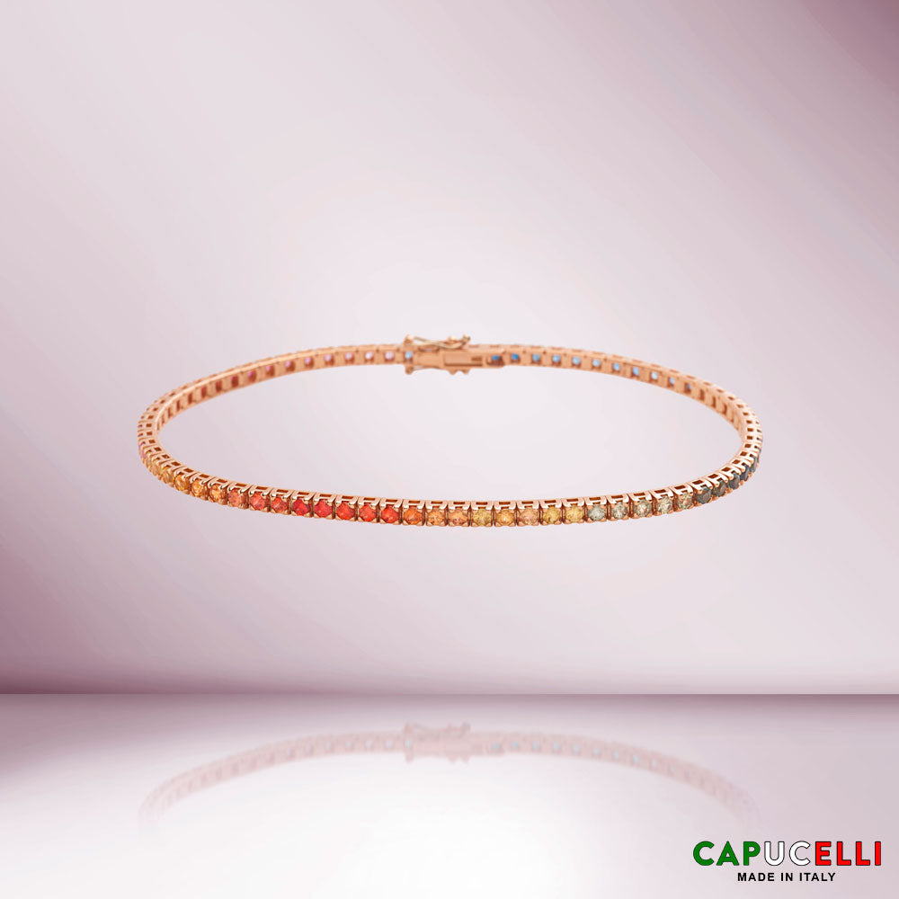 Multicolor Sapphire Tennis Bracelet (3.50 ct.) 4-Prongs Setting in 18K Gold, Made In Italy