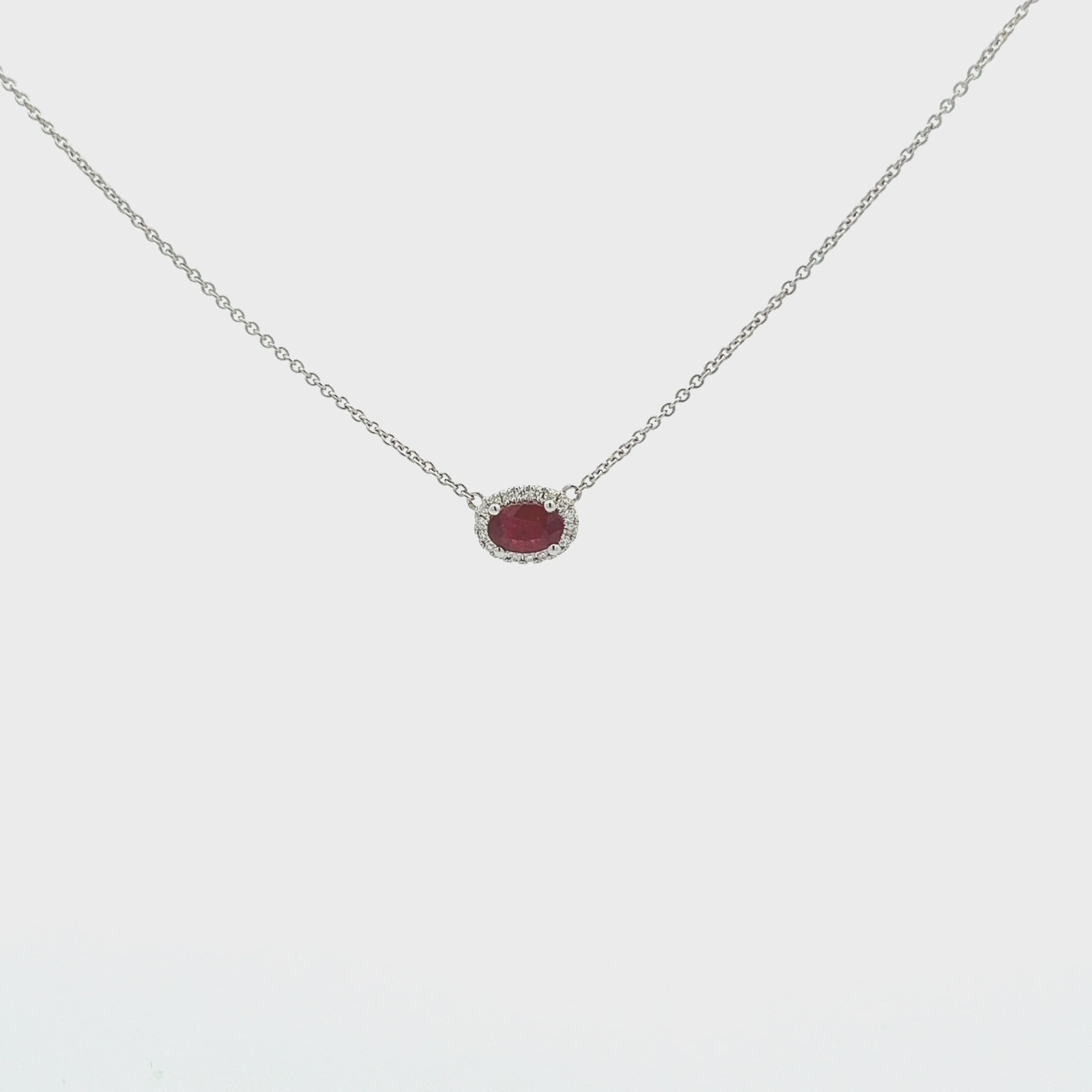 Oval Red Ruby With Diamond Halo Necklace (0.59 ct.) in 18K Gold