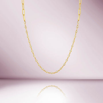 25 Stone Diamonds By The Yard Station Necklace & Half Paper Clip Chain (1.00 ct.) Bezel Set in 14K Gold