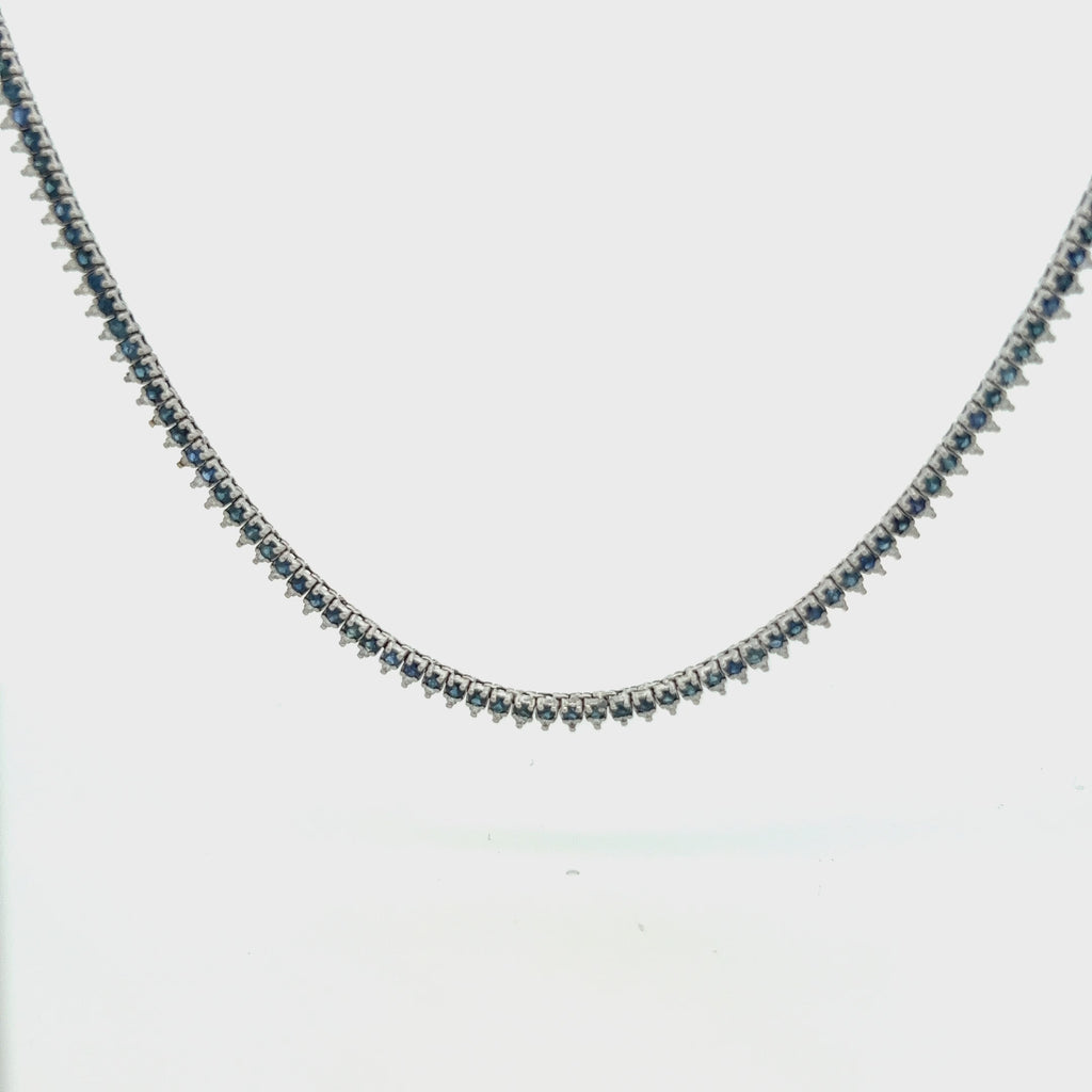 Blue Sapphire & Diamond Halfway Tennis Choker Necklace (6.60 ct.) in 14K Gold