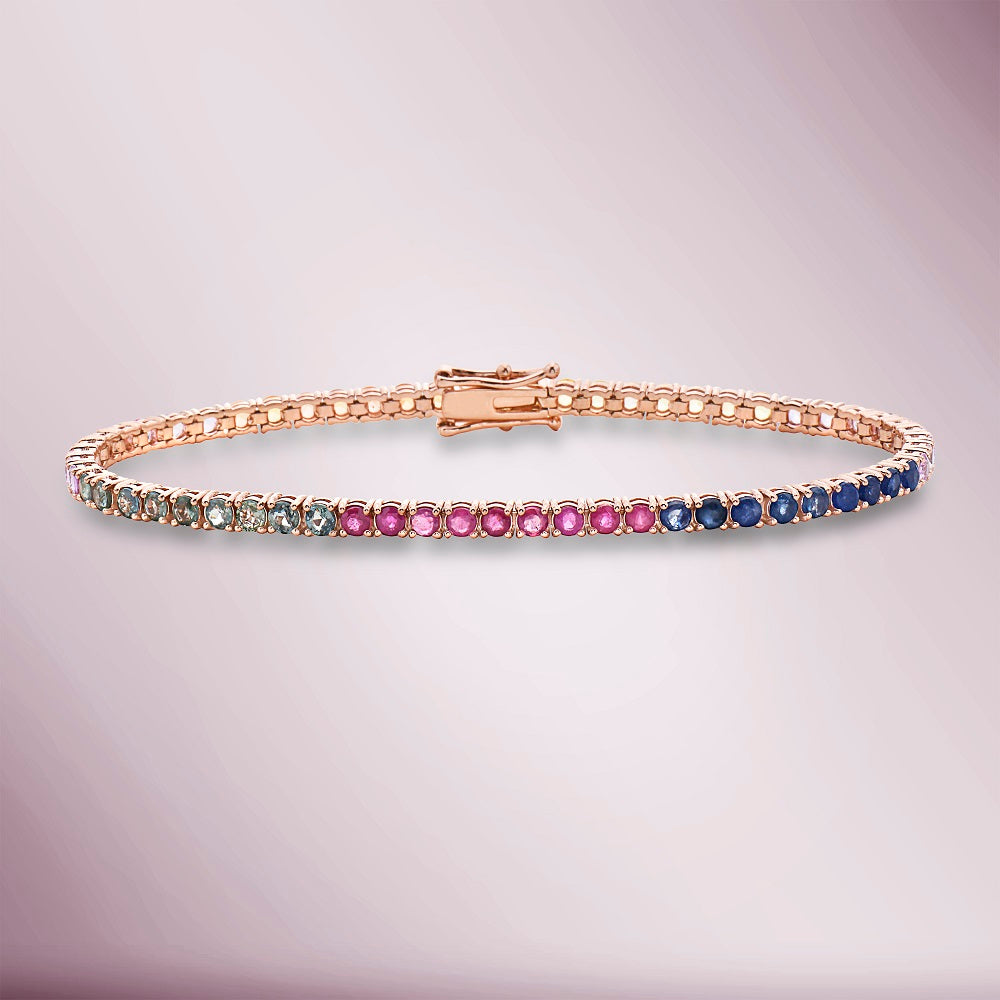 Multicolor Rainbow Sapphire Tennis Bracelet (9.10 ct.) 4-Prongs Setting in 14K Gold