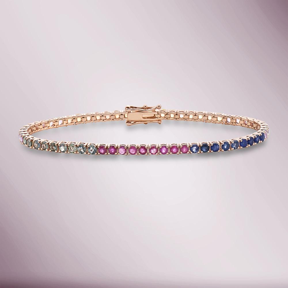 Multicolor Rainbow Sapphires Tennis Bracelet ( 9.10 ct. t.w. ) in solid 14k Gold, Round Multi Sapphire 4-Prongs Tennis Bracelet