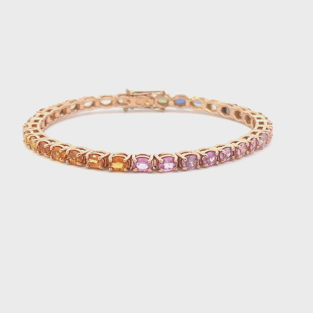 Multicolor Oval Shape Sapphire Tennis Bracelet (10.00 ct.) 4-Prongs Setting in 18K Gold, Made In Italy