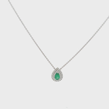 Pear Shape Emerald With Double Diamond Halo Necklace (0.63 ct.) in 18K Gold