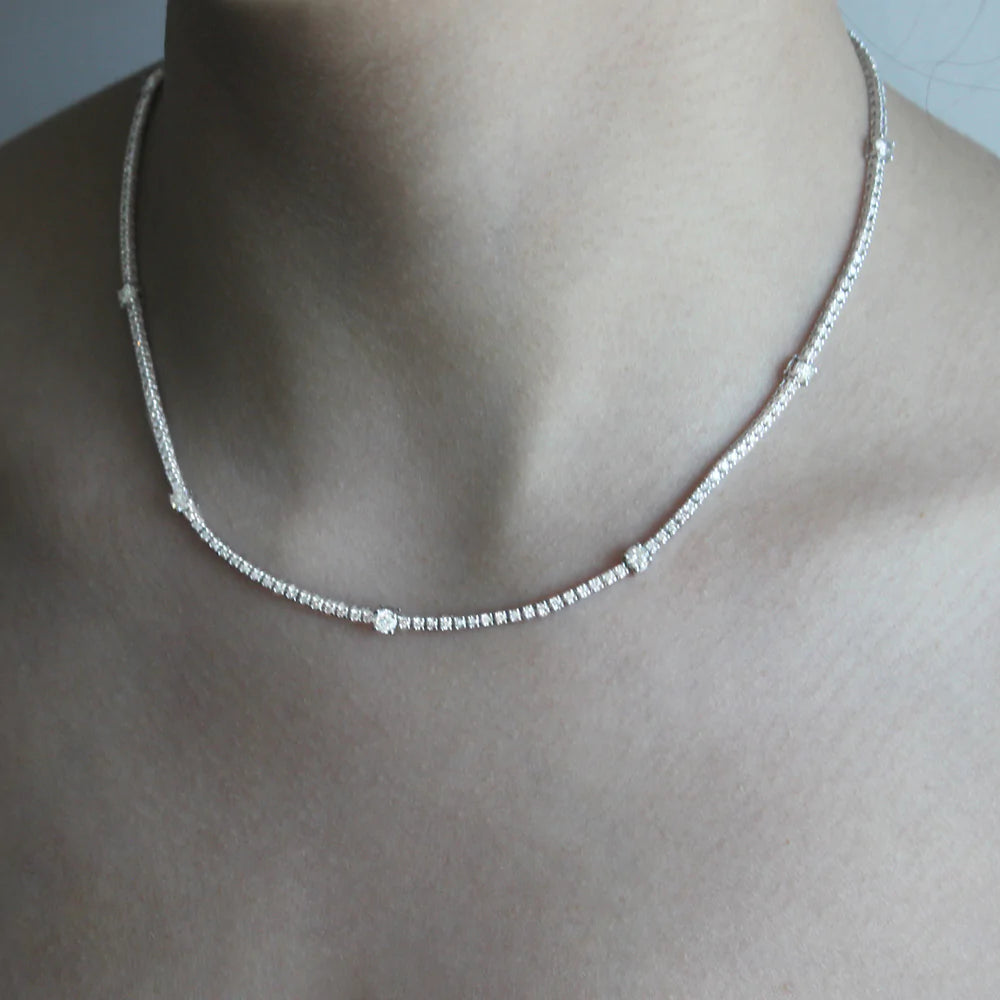 5.00 Ct. t. w. Natural Alternate Diamond 2 points and 18 points White Natural Diamonds Tennis Necklace 14k Solid Gold