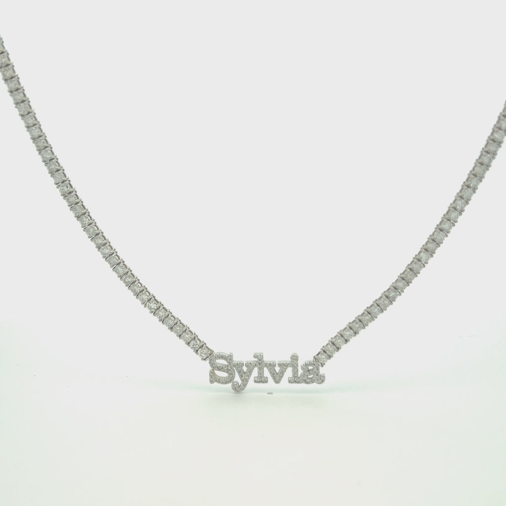 Custom Name Plate Diamond Tennis Necklace (8.50 ct.) 2.3 mm 4-Prongs Setting in 14K Gold