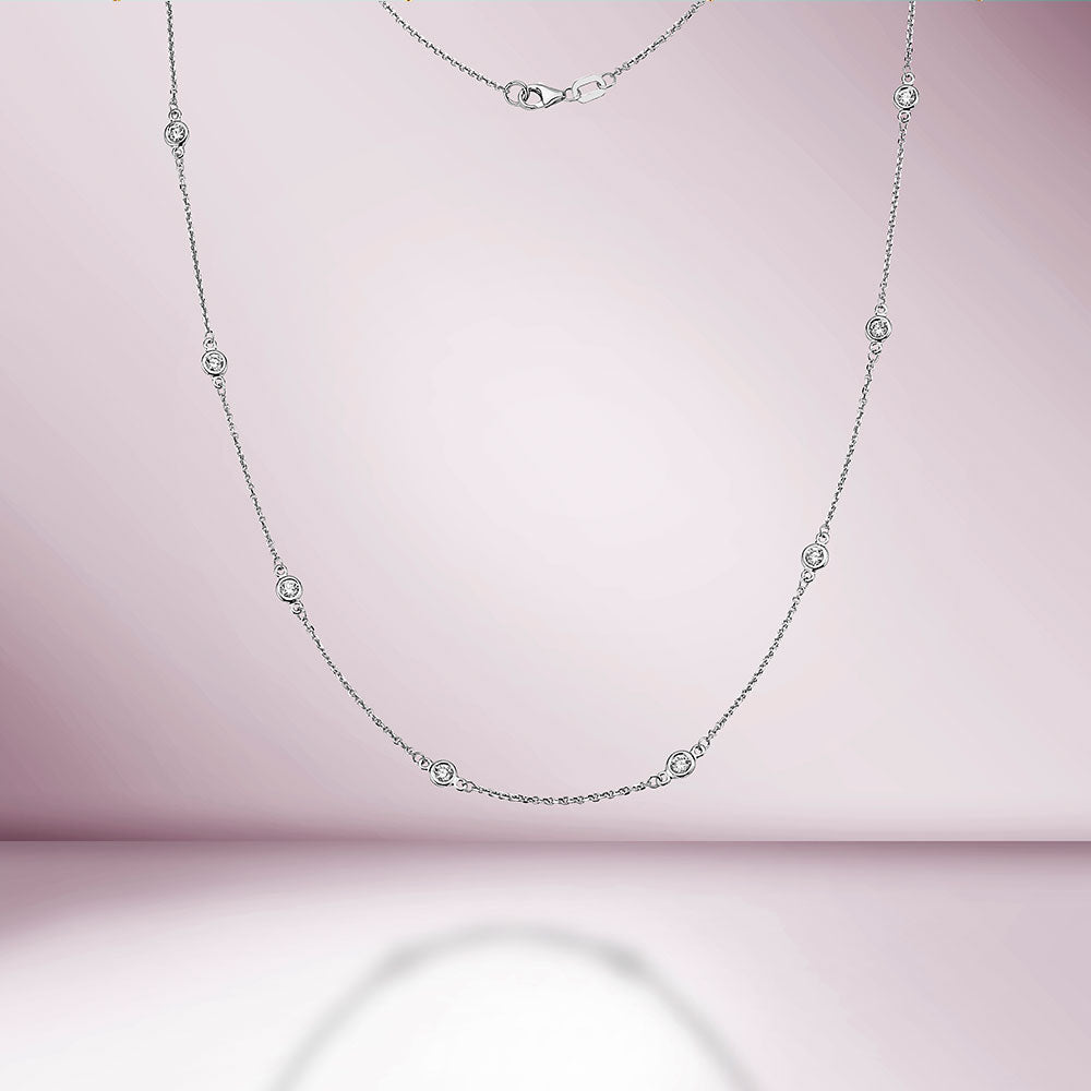 12 Stone Round Brilliant Cut Natural Diamond By The Yard Necklace, Bezel Set Diamond Station Necklace in 14K Gold Chain
