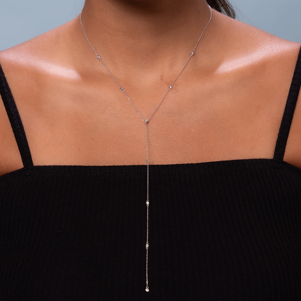 9 Stones ( 0.30 tcw ) Round Brilliant Cut Natural Diamond By The Yard Lariat Necklace, Diamond Station Lariat Necklace in 14K White Gold Chain