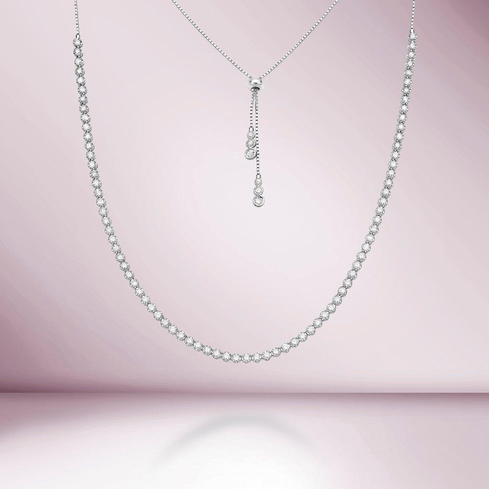 Adjustable HalfWay Diamond Tennis Necklace (3.70 ct.) 2.2 mm Buttercup Setting in 14K Gold, Choker Tennis Necklace