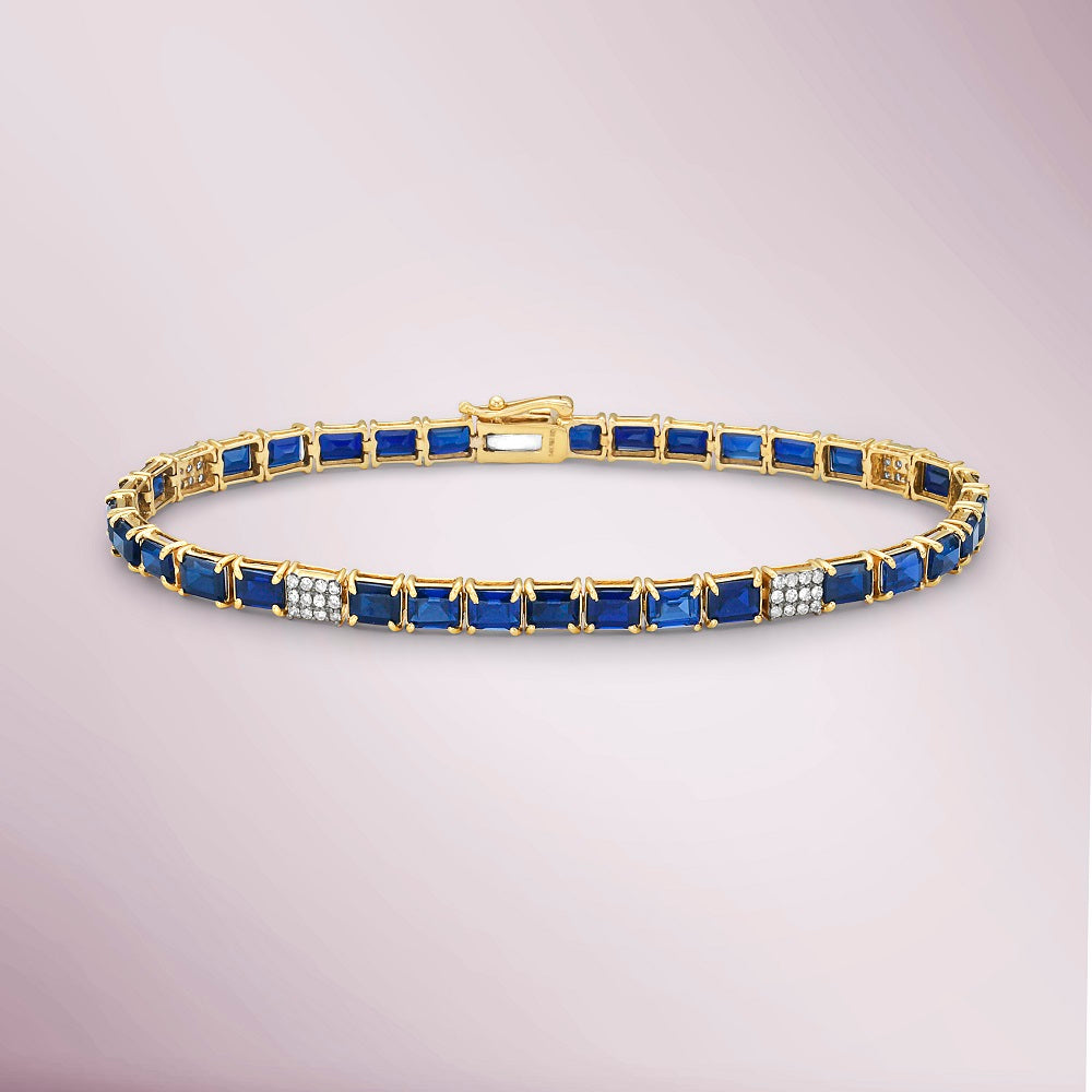 Alternate Emerald Cut Sapphire & Diamond Tennis Bracelet (10.50 ct.) 4-Prongs Setting in 14K Gold