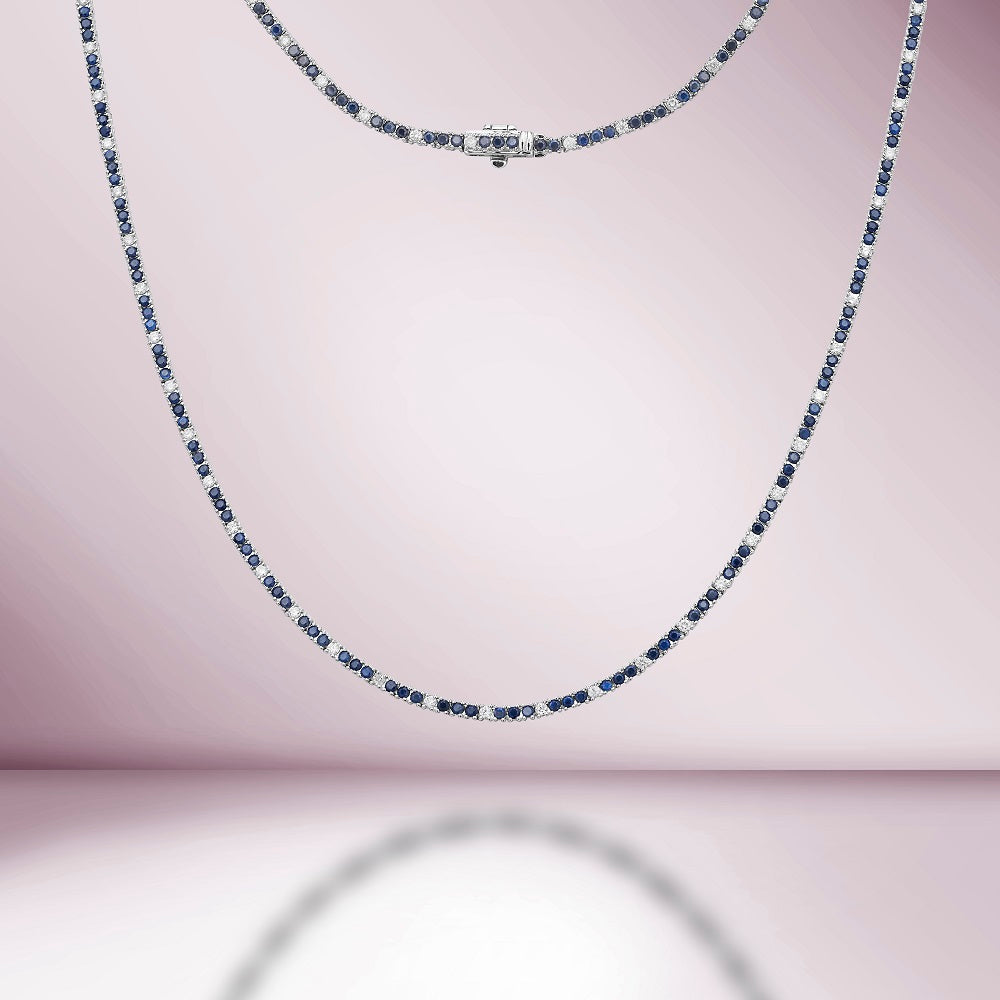Alternate Diamond & Blue Sapphire Tennis Necklace (5.50 ct.) 3 mm 4-Prongs in 14K Gold