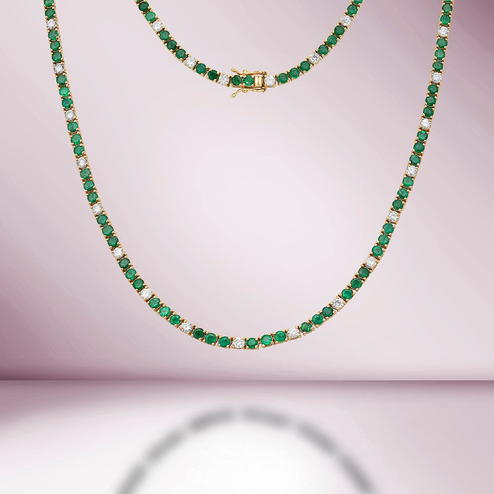 Alternate Diamond & Emerald Tennis Necklace ( 11.50 ct.) 4-Prongs Setting in 14K Gold
