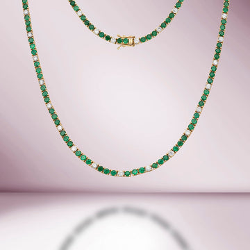 Alternate Diamond & Emerald Tennis Necklace ( 11.50 ct.) 4-Prongs Setting in 14K Gold