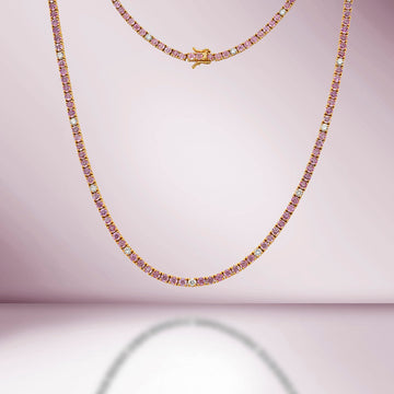 Alternate Diamonds & Pink Sapphire Tennis Necklace ( 12.50 ct.) 3 mm 4-Prongs Setting in 14K Gold