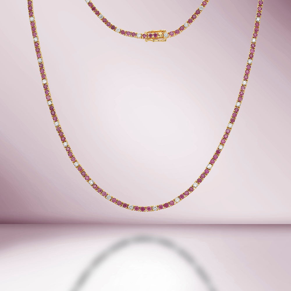 Alternate Diamond & Ruby Tennis Necklace ( 8.50 ct.) 4-Prongs Setting in 14K Gold