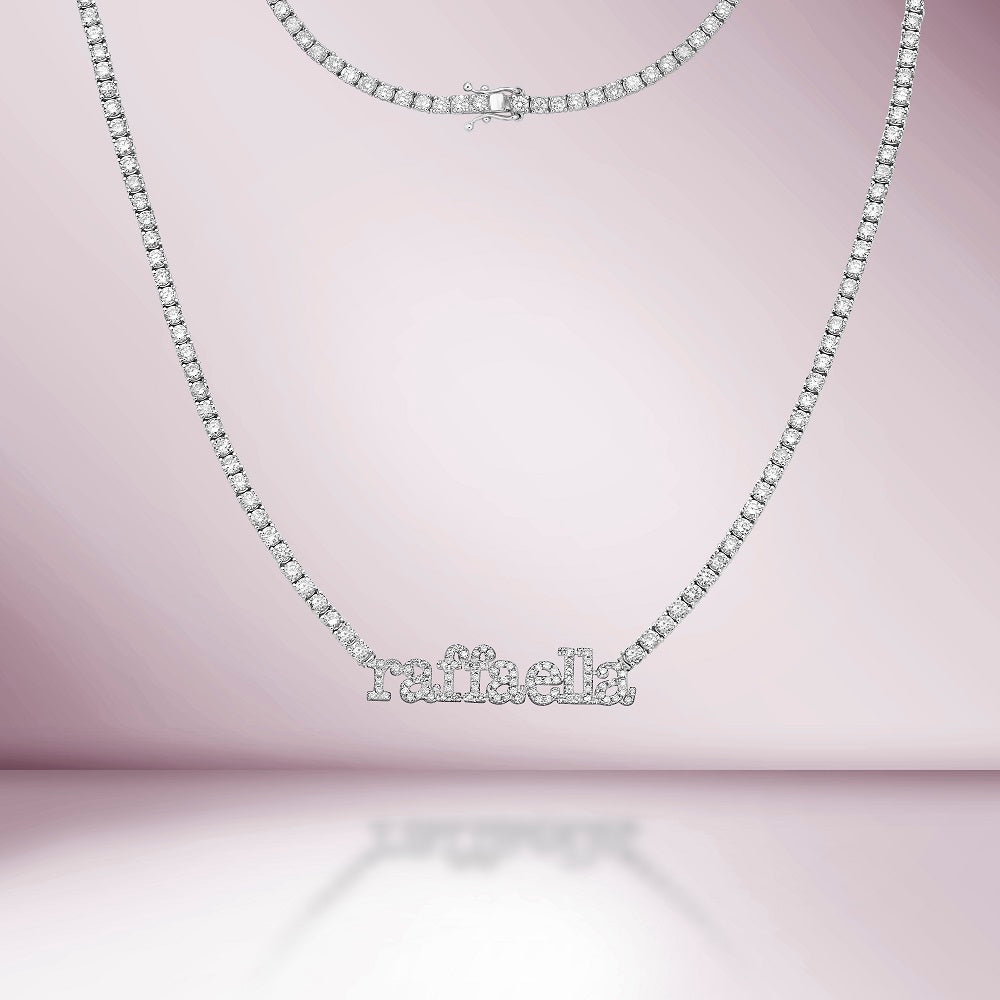Custom Name Plate Natural Diamonds Tennis Necklace ( 8.50 ct. t.w. ) in solid 14k Gold, 2.3 mm