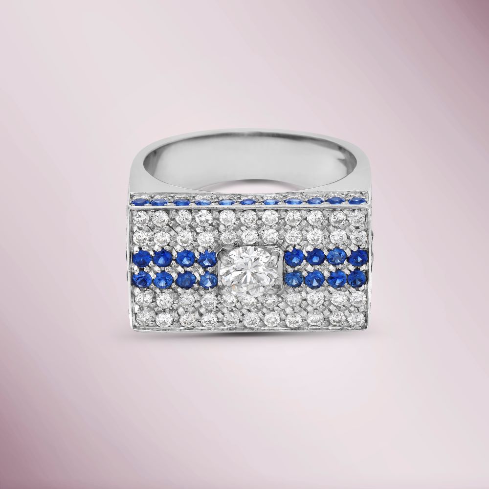 Ready to Ship Diamond & Blue Sapphire Pave' Rectangular Shape Ring (1.58 ct.) in 18K Gold