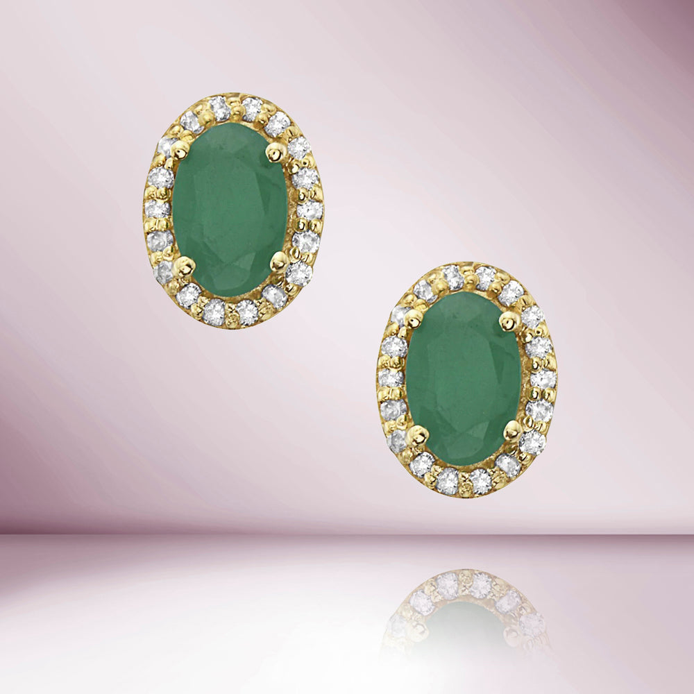 Emerald Oval Shape With Halo Diamonds Studs Earrings (0.95 ct.) in 14K Gold 