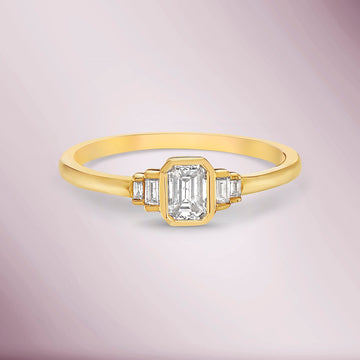 Emerald Cut Diamond & Baguette Ring (0.44 ct.) Bezel Set in 14K Gold
